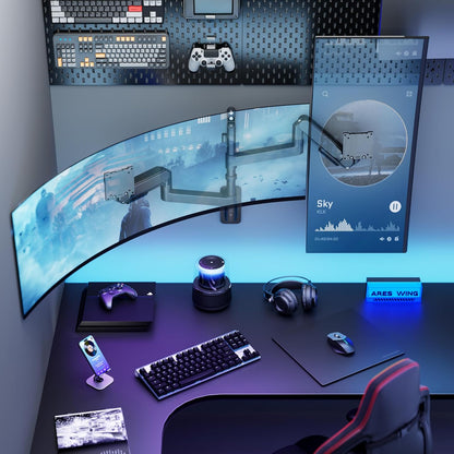 ARES WING Monitor muurbeugel 2 monitoren, voor Ultra Wide 24-57 inch beeldschermen, 27 kg/arm, VESA 75/100, gasdrukveer, pc-monitor, volledige verstelbare monitorhouder voor kantoor en gaming
