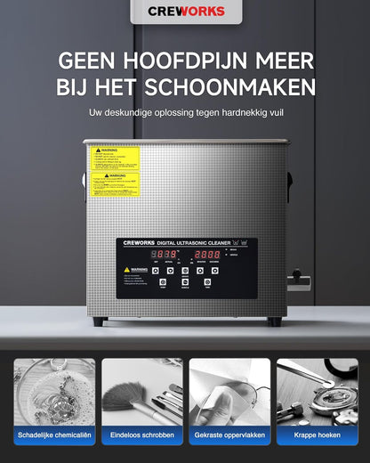 CREWORKS 6L Ultrasoon reinigingsapparaat met verwarming, professionele ultrasone reiniger met timer, roestvrij staal, voor tandprothesen, sieraden, brillen