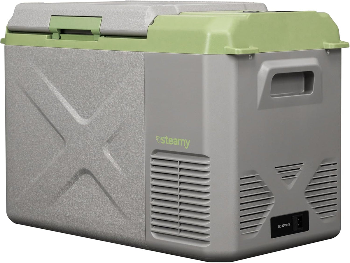 Steamy-E Single Zone 25, Elektrische Compressor Koelbox, 24 Liter, Grijs, 12V/230V, voor vriezen en koelen van -20 tot +20, ideaal voor op de camping