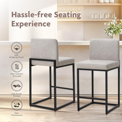 ALPHA HOME Bar Stool Set of 2 Bar Stools with Backrest, PU Leather, Kitchen Stool, Bar Chair, Set of 2 with Footrest, for Countertop, Stable Metal Steel Frame, Light Grey