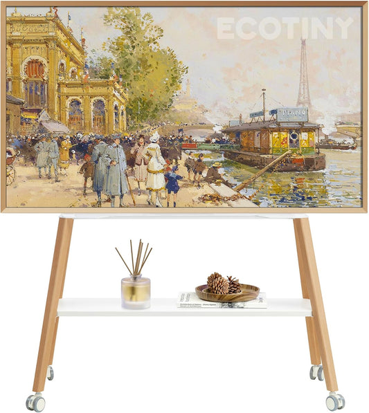 Easel TV standaard met wielen voor 49 tot 75 inch tv tot 40 kg, Easel Design met metalen structuur en houten plank, beweegbare tv-standaard op wielen voor winkel, kantoor, school, huis