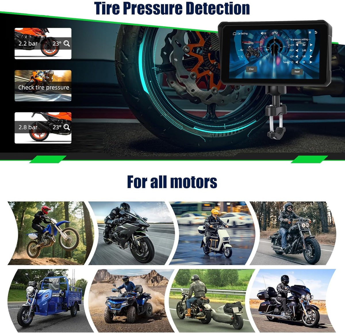 Motor GPS Navigatie Display met draadloze CarPlay en Android Auto, 6-inch IP68 waterdichte motorfiets Navigatie met Bluetooth Mirror Link, Siri EQ en bandenspanningssensor