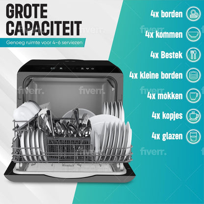 Black Portable Countertop Dishwasher with App Control - 900W 5 Washing Programs - Compact Mini Dishwasher for Apartments, Stainless Steel & Small Kitchens, No Hookup Needed – 42.5 x 43 x 45.7