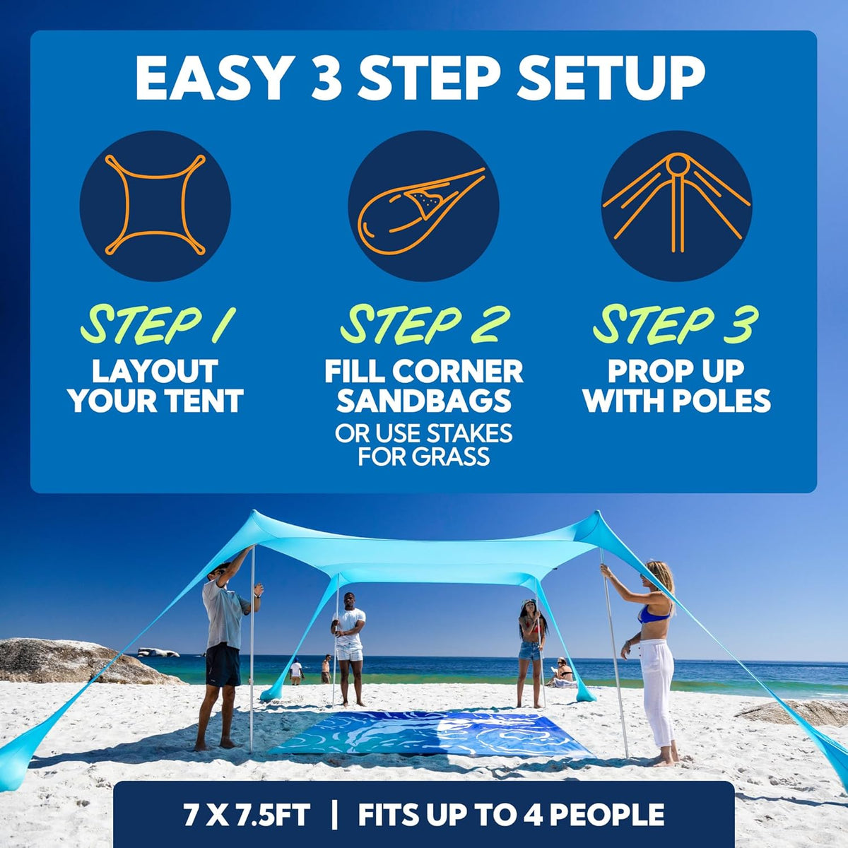 SUN NINJA Mini strandtent - UPF50+ halfschaduw zonnescherm en draagtas - camping of strand draagbare pop-up paraplu alternatief - eenvoudige installatie - 2,1 x 2,3 m (7 x 7,5 ft) - turkoois
