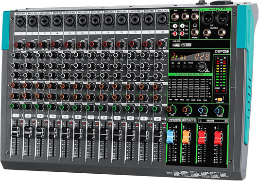 12-Kanaals Audiomixer – Mixer – Mengpaneel – Mengtafel – DJ-Mixer – Bluetooth & USB-Speler – 99 DSP-Reverbeffecten