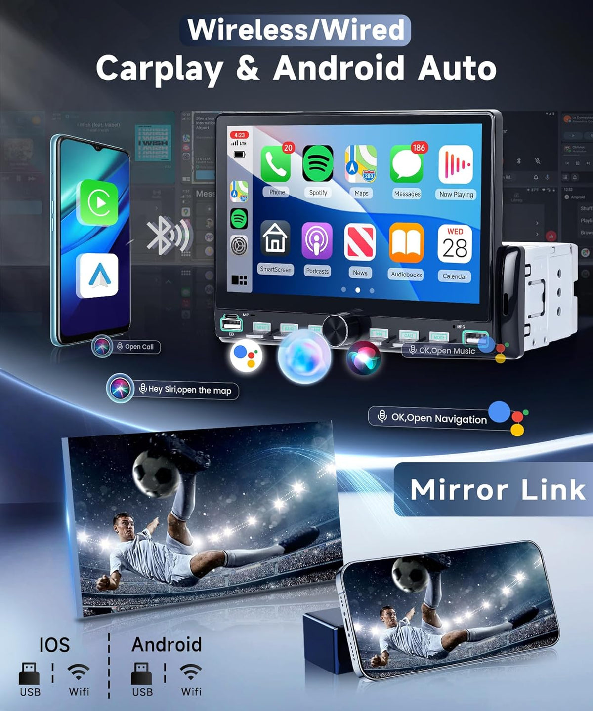 Autoradio, 1 Din pianotoetsen met draadloze Carplay Android auto, 7 inch IPS HD touchscreen, autoradio, ondersteuning bluetooth, FM-radio, USB/type-C, spiegellink, achteruitrijcamera