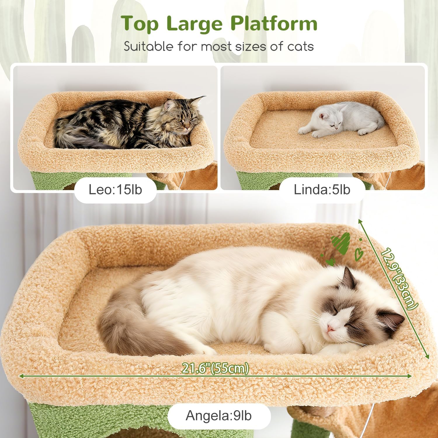 Globlazer Cat Tree Cactus Green Large, Scratching Post XXL High 204cm with 3 Cat House, 2 Large Platform, 2 Baskets Soft, Stable Cat Tower Luxury for 3-5 Large Cats Rest Playing (F80F, Green) - QUORE