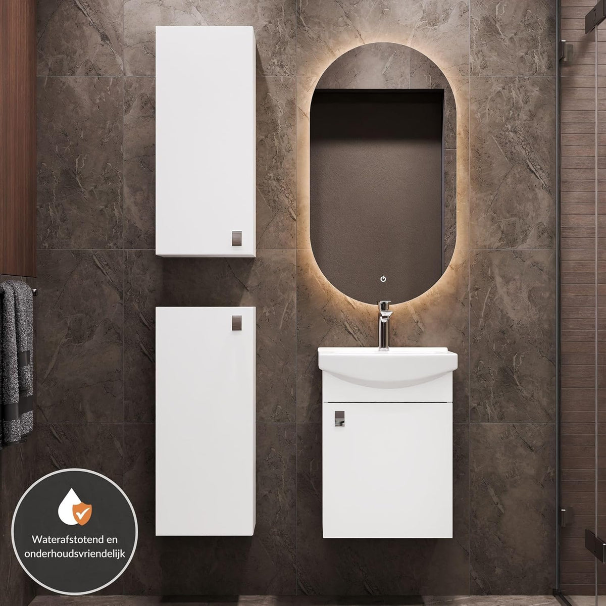 Planetmöbel Bathroom Cabinet Set Wash Basin with Bath Furniture 45 x 60 x 33 cm, Mirror with Lighting 50 x 90 cm, 2X Midi Cabinets for Bathroom & Guest Toilet, White - QUORE