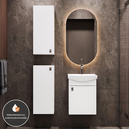 Planetmöbel Bathroom Cabinet Set Wash Basin with Bath Furniture 45 x 60 x 33 cm, Mirror with Lighting 50 x 90 cm, 2X Midi Cabinets for Bathroom & Guest Toilet, White - QUORE