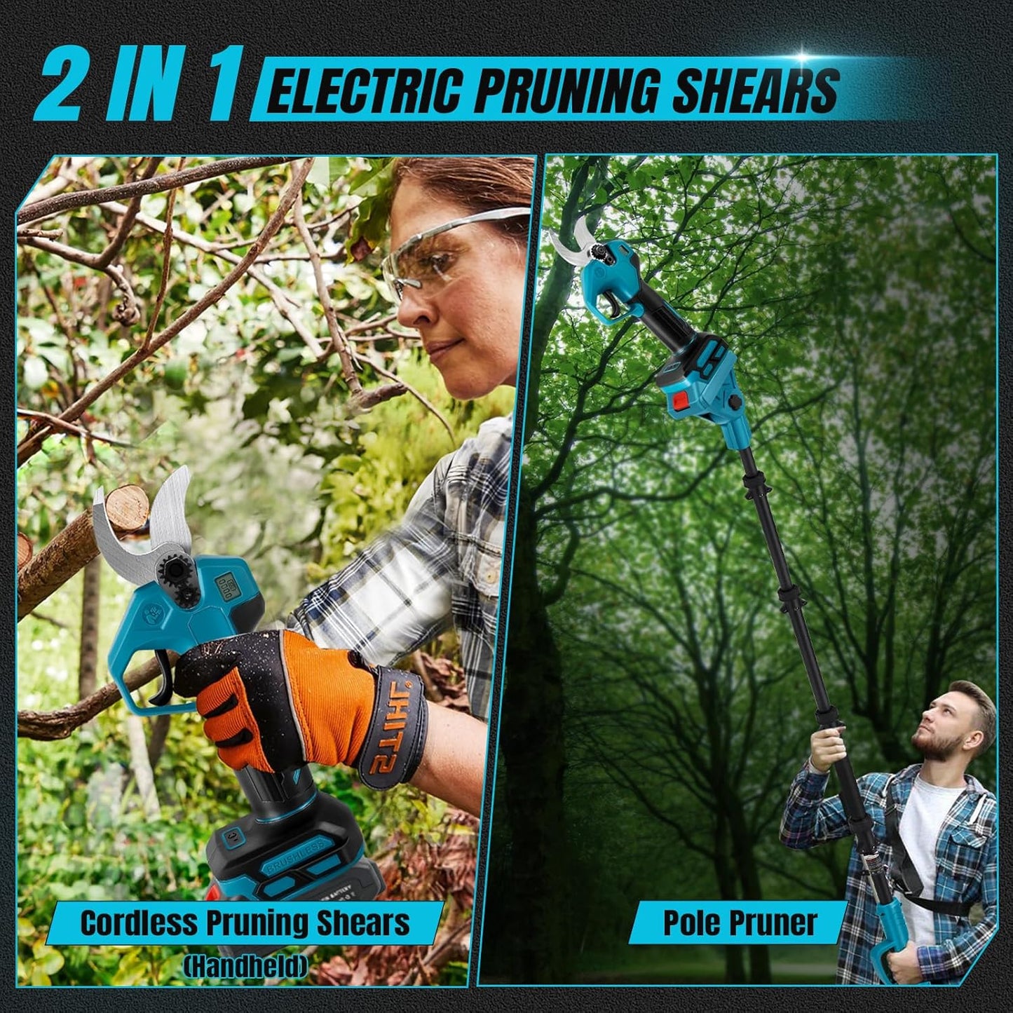 Accutakkenschaar met 2 m telescoopstang en 2 x 1500 m Ah accu, borstelloze elektrische snoeischaar met 2 versnellingen, 30 mm snijdiameter, slijpsteen en reservemesjes