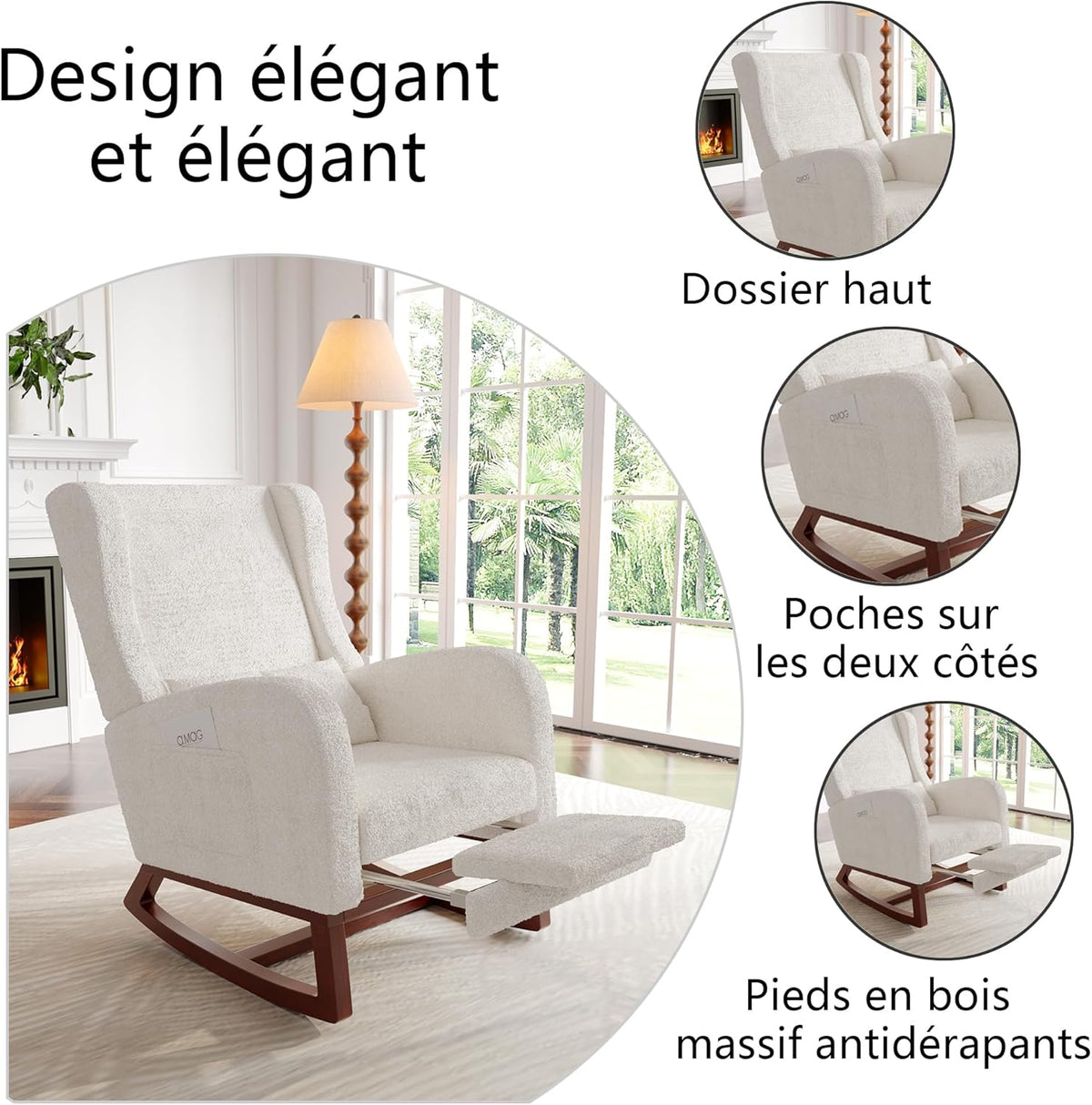 Schommelstoel – Relaxstoel – Wiegstoel – Leesstoel – Borstvoedingsstoel – Sherpa Offwhite Stof – Ergonomische Rugondersteuning met Voetenbank