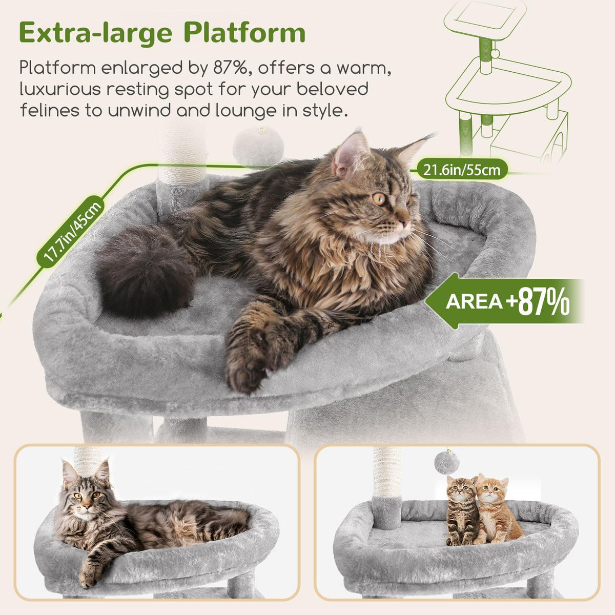 Kattenboom XXL – Krabpaal – Kattentoren – Kattenhuis – Kattenmeubel – 213 cm Hoogte – Ruim Platform – Gevoerde Zitstang – Lichtgrijs