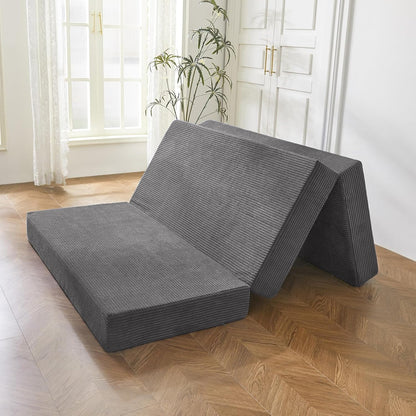 MAXYOYO Opvouwbare corduroy matras, drievoudig vloermatras 10 cm dik met wasbare hoes, opvouwbaar in drie, ruimtebesparend voor gasten (houtskool, eenpersoons)