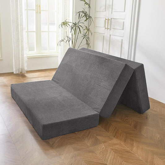 MAXYOYO Opvouwbare corduroy matras, drievoudig vloermatras 10 cm dik met wasbare hoes, opvouwbaar in drie, ruimtebesparend voor gasten (houtskool, eenpersoons)