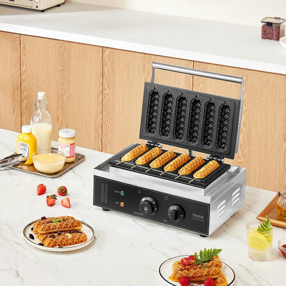 VEVOR Commerciële wafelijzer, 6-delig, 1500 W, roestvrij stalen wafelijzer met anti-aanbaklaag voor maïshotdogs met temperatuur- en tijdregeling, voor restaurant, bakkerij, snackbar, familie