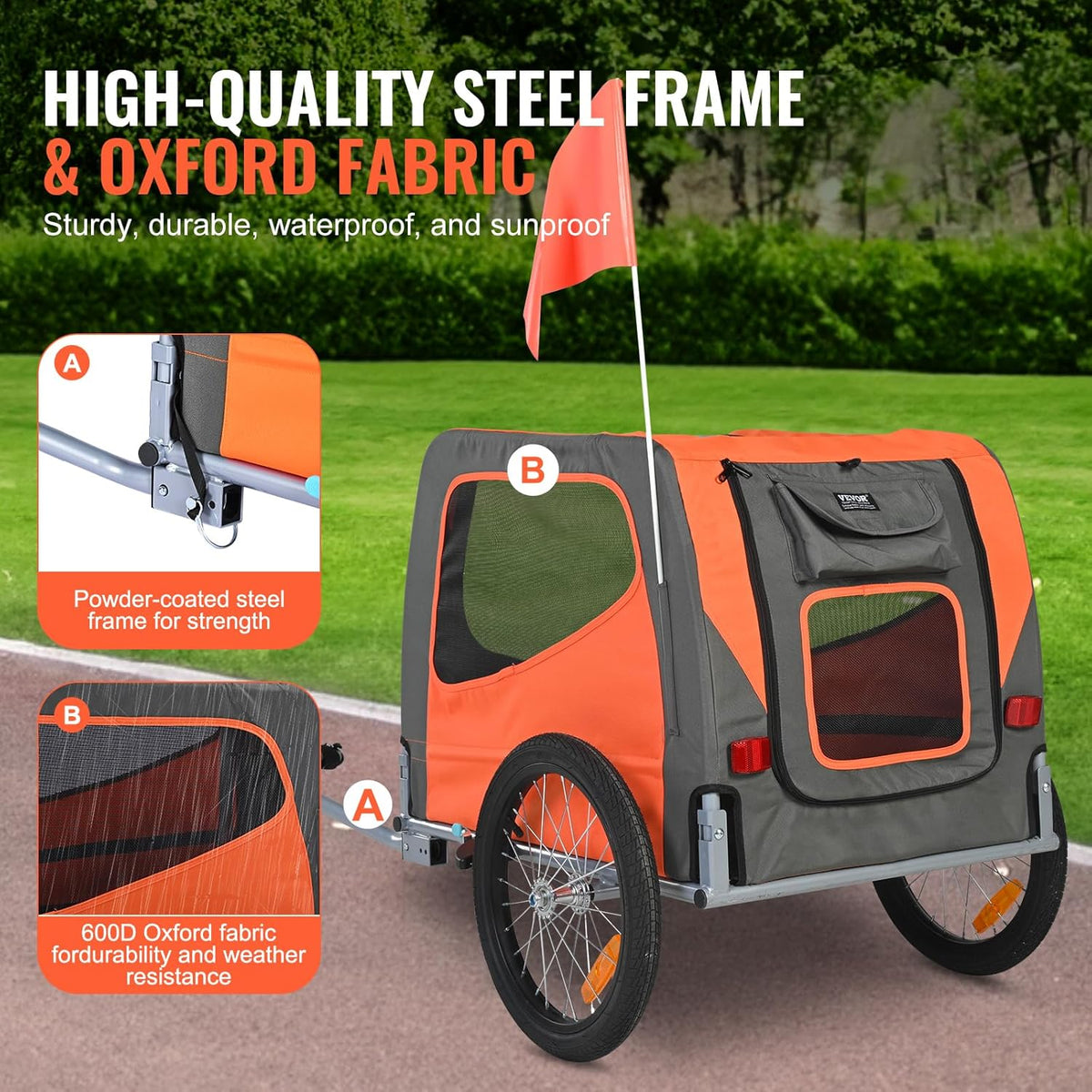 VEVOR Fietskar voor honden, inklapbaar, max. draagkracht 30 kg, kinderwagen voor huisdieren met snelontgrendelingswielen, stalen frame, fietskar voor aanhanger, dieren, oranje/grijs