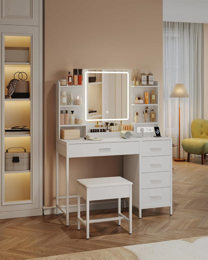 Hzuaneri Dressing Table, Soft Stool, HD Mirror and Adjustable Led Lights, Socket and Usb, 5 Drawers, Open Storage Compartment, White DT35103W