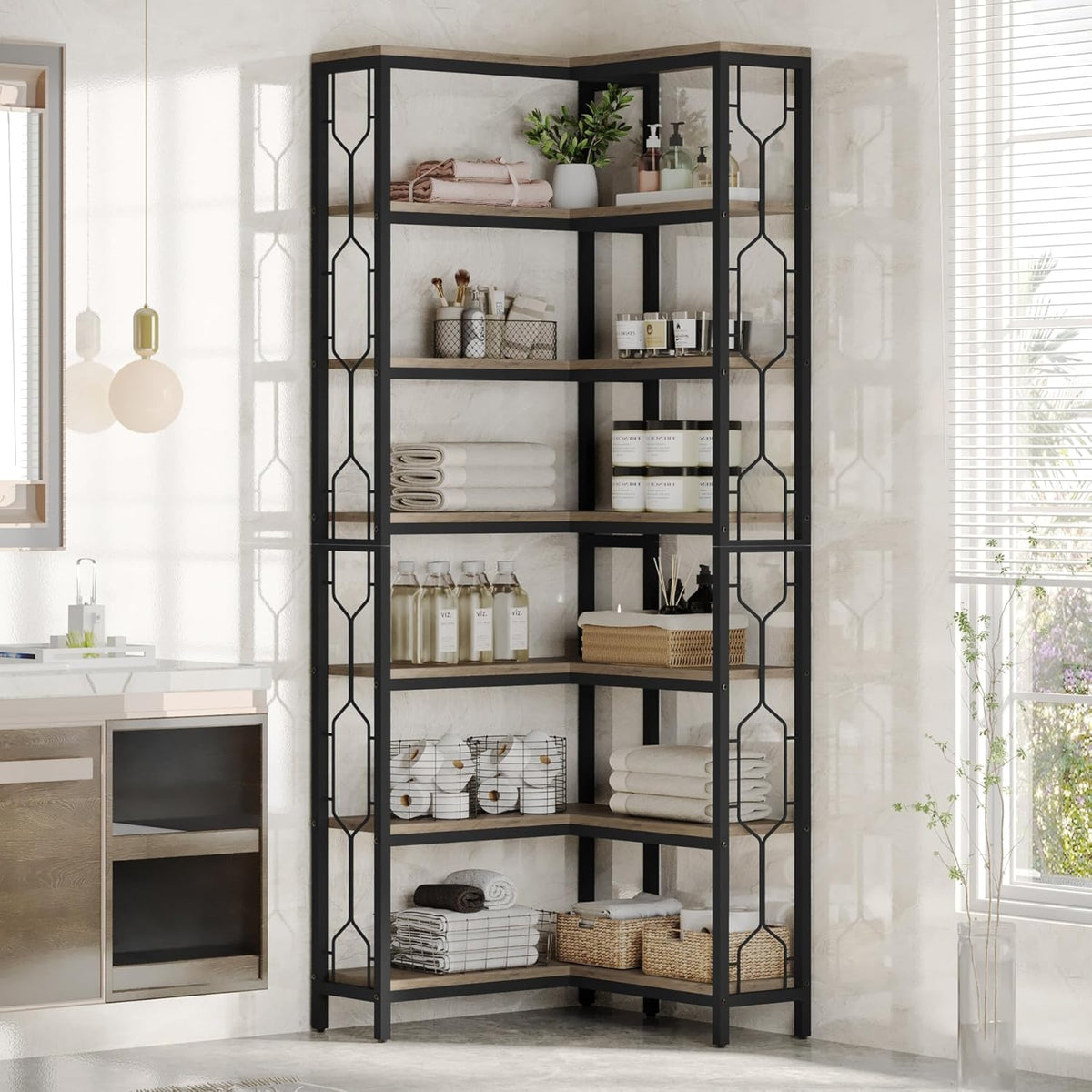 Tribesigns Corner Bookshelf, 7 Tier Industrial Corner Bookcase, Wooden and Metal Corner Shelf, Freestanding Display Shelf for Living Room, Kitchen, Home Office (Grey)