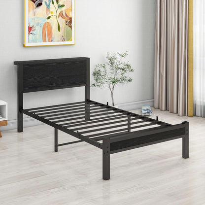 DUMEE Eenpersoonsbedframe met houten opbergplank hoofdeinde, 3FT metalen platform bedframe eenpersoonsbed, geen boxspring nodig, verbeterde ondersteuning, zwart eiken
