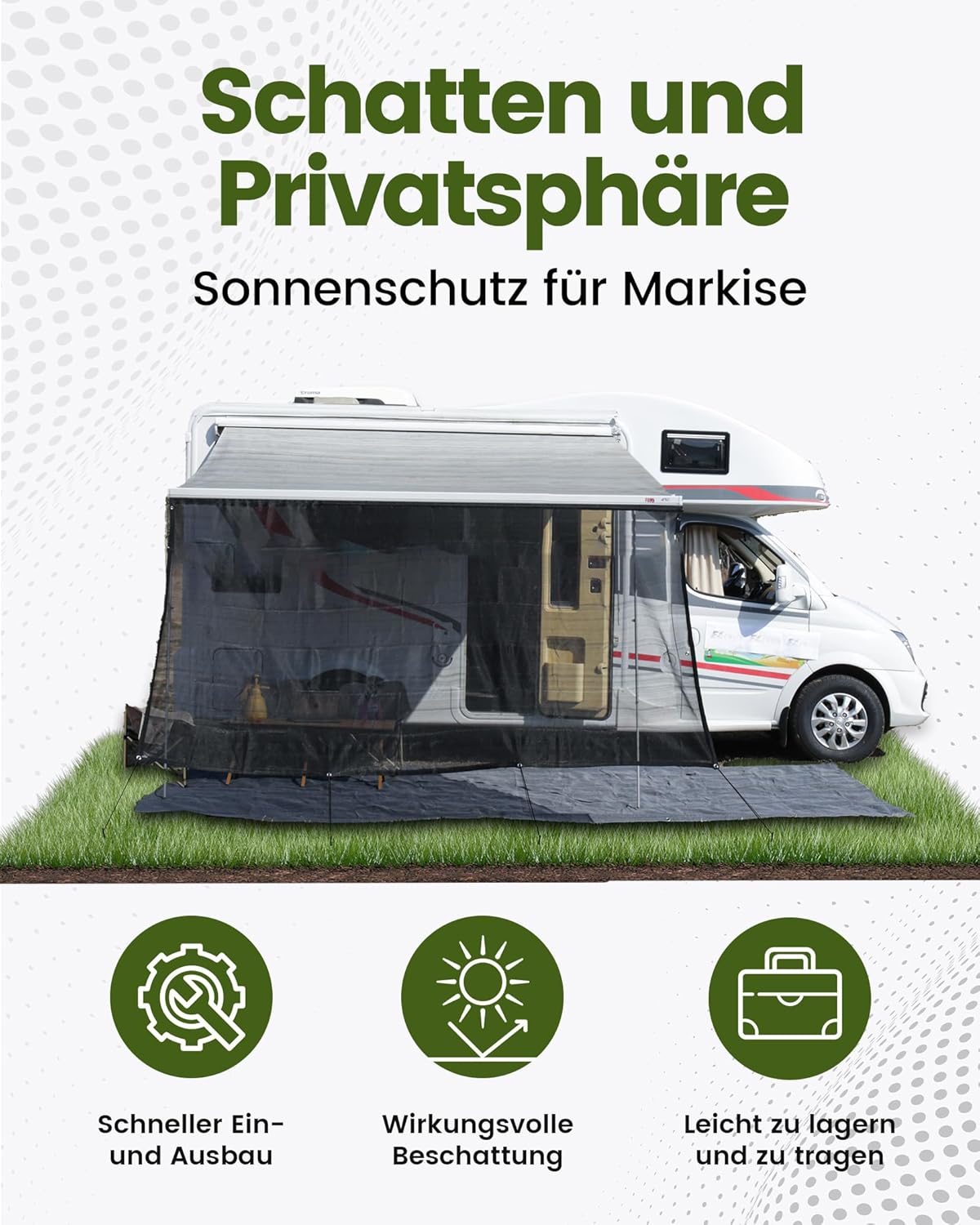 Zonwering voor luifel, camper, 85% zichtblocker, luifel, voorwand, luifel, inkijkbescherming voor campingwagen, camper, caravan, hoogte 2,13 m x breedte 3 m