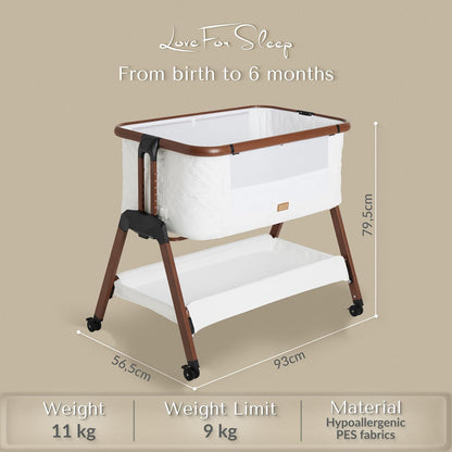 SnooBee Next To Me bijzetbed & kinderbed, vrijstaand, 6 hoogteniveaus, wielen, matras, zijpanelen van ademend mesh met muggennet, opvouwbaar met tas (0-6 maanden), wit/bruin