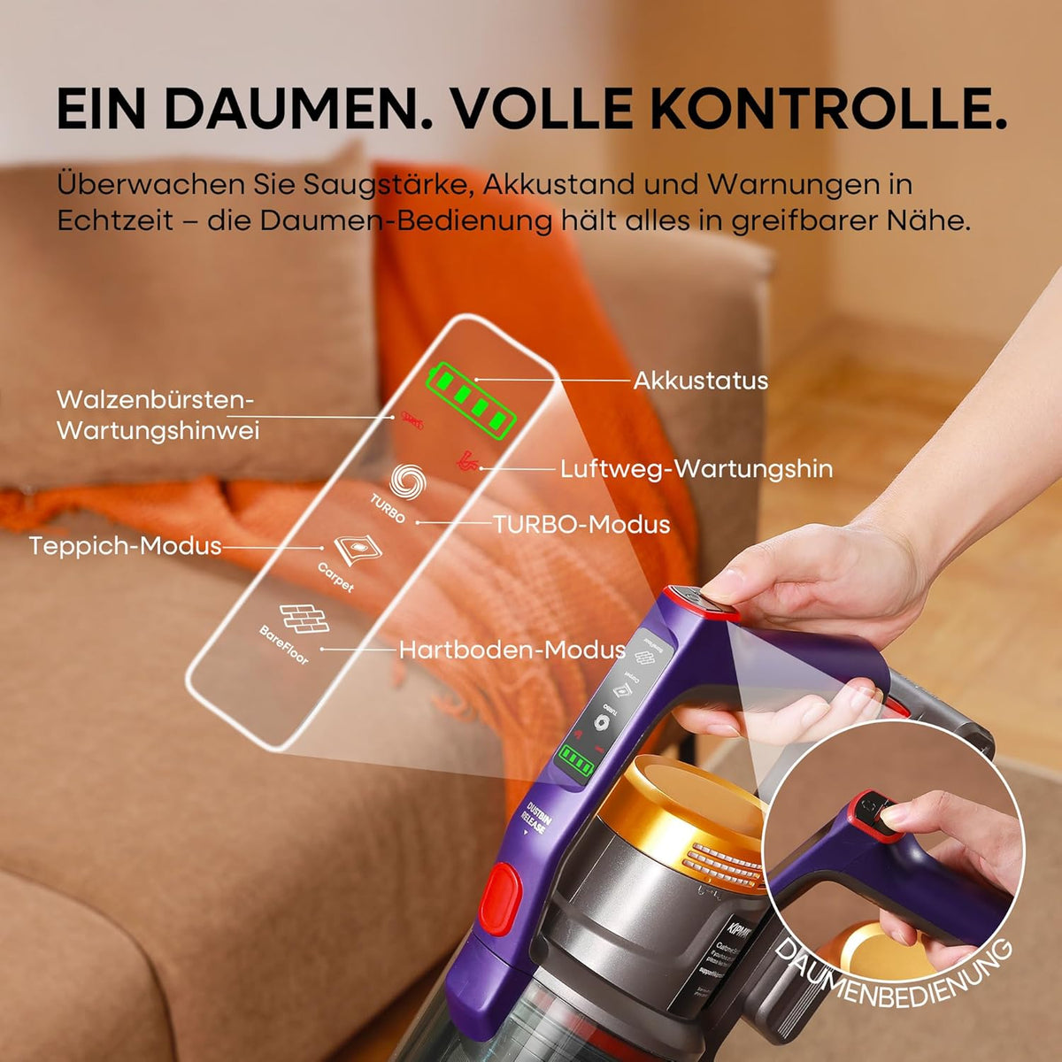 KIPMAX Accustofzuiger, 50000 Pa/550 W/70 min, 1,5 l, draadloze stofzuiger met display, anti-klitborstel, 7-laags filtra en 2 geurplaten, zelfstaande accustofzuiger voor tapijten, dierenharen, harde