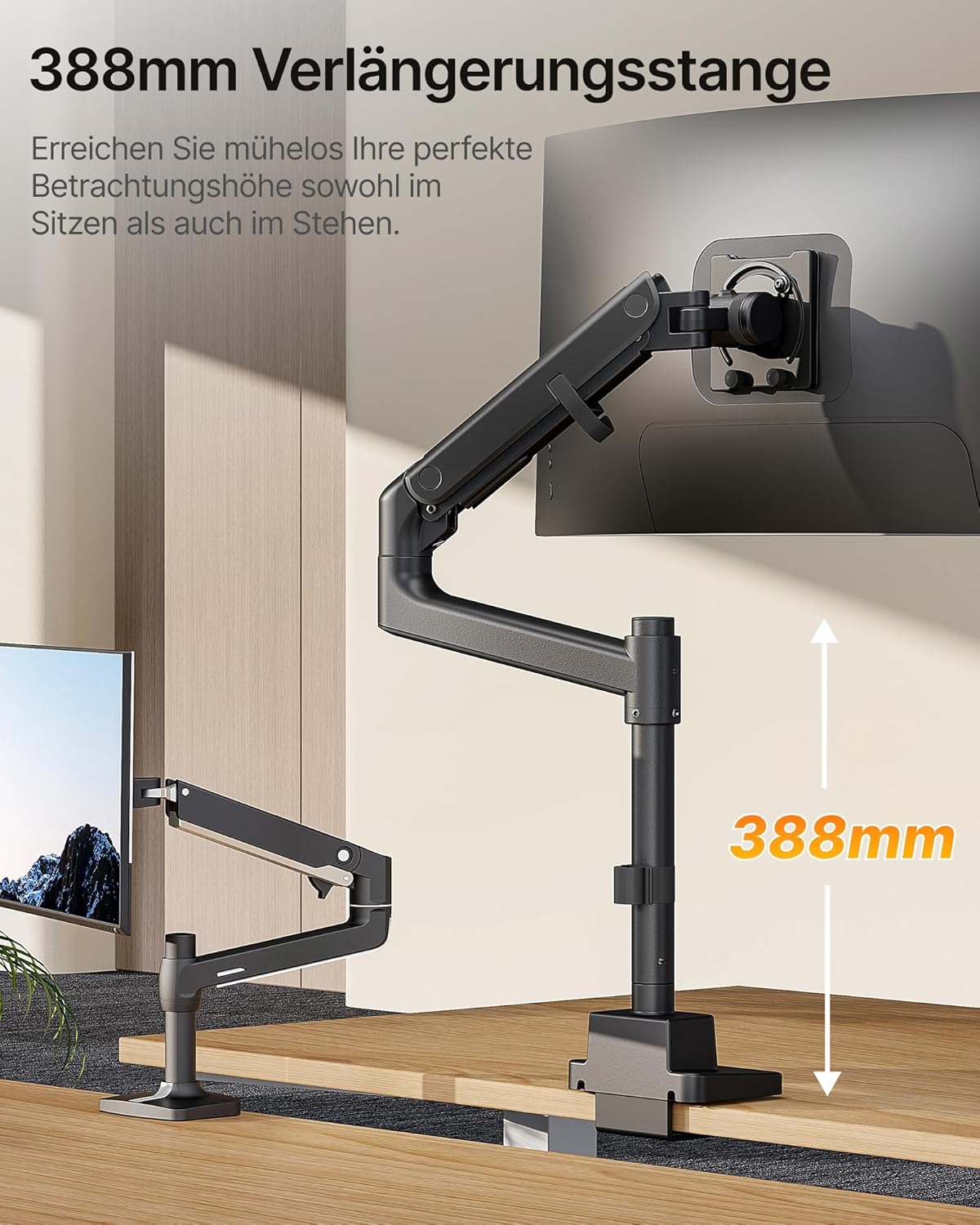monTEK Zware Enkele Monitorarm voor 17-57 inch Schermen tot 27 KG, Gasveer Dubbele Gebogen Verstelbare Monitorstandaard voor Bureau, 75/100mm VESA-bevestiging met USB, Zwart