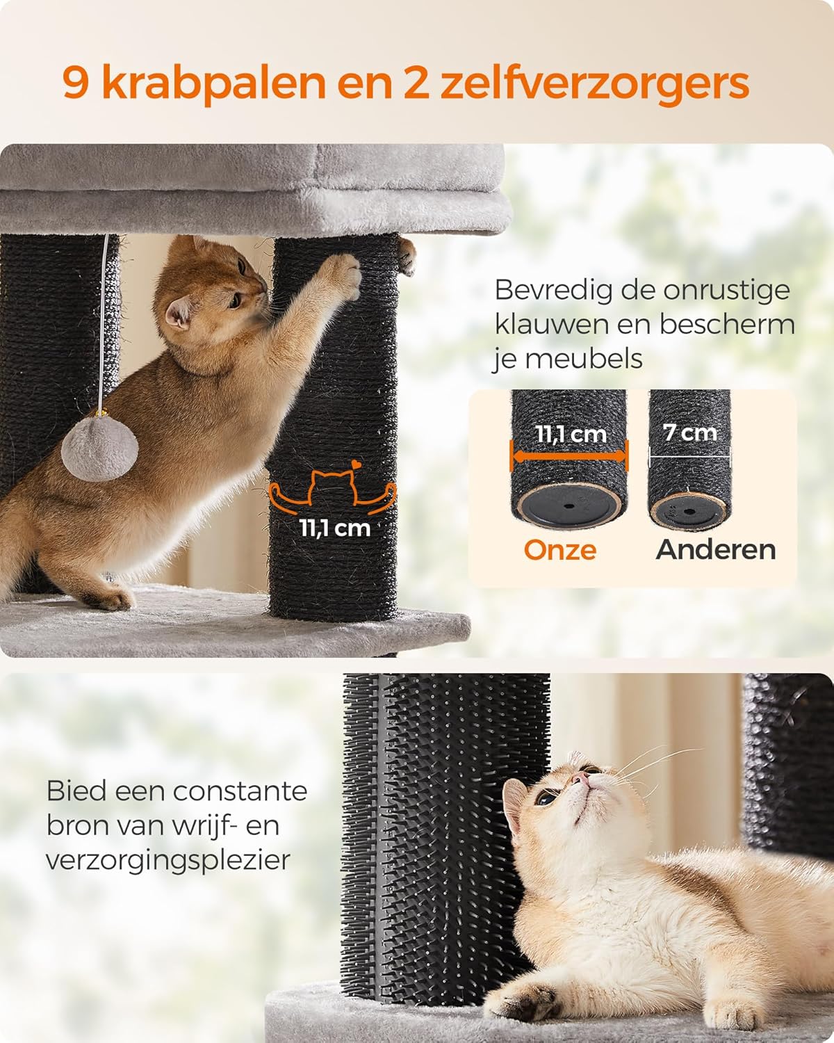 Krabpaal – Kattenboom – Kattenmeubel – Krabmeubel – Speelboom – Groot Formaat 160 cm Hoog – 11,3 cm Dikke Sisal Palen