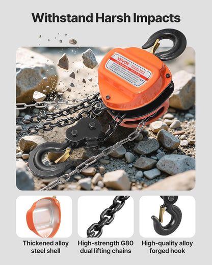 VEVOR Manual Drawstring, Capacity 3 T, with Galvanized Chain G80, Lift Height 6 m, Pulley with Pulley for Cars in Warehouse, Orange