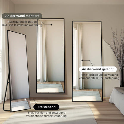 Aplancee Staande spiegel, 170 x 75 cm, zwart, grote full-body spiegel, wandspiegel met aluminium frame, om staand of op te hangen aan de muur, vloerspiegel voor slaapkamer, woonkamer en kleedkamer