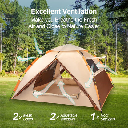 Campingtent, pop-up tent voor 4 personen, familiekoepeltent, waterdicht, winddicht, met 2 gaasdeuren, 2 gaasramen, dakramen, 2-in-1 dubbele lagen, opbergtas voor kamperen, wandelen, backpacken