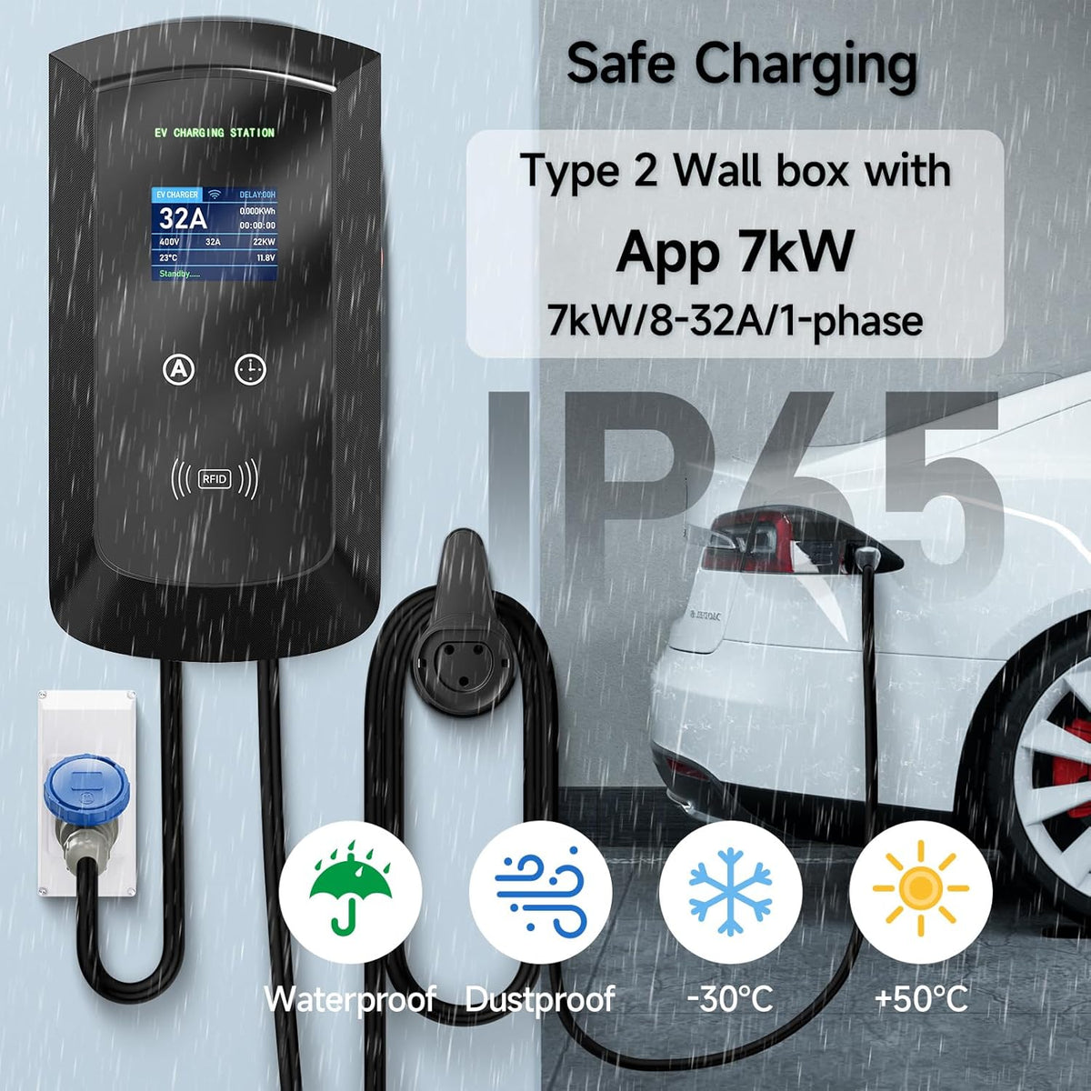 EV-oplader Type 2 – Laadkabel EV – Mobiele Lader – Wallbox Oplader – EV Laadstation – Instelbare Stroom 8-32A – Weerbestendig IP65