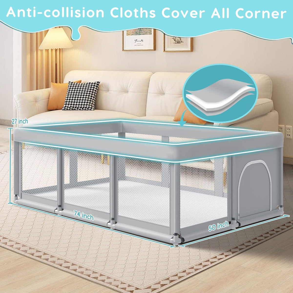 188cm×50" Large Baby Playpen Baby Playground for Babies and Toddlers, Baby Fence Play Pins for Indoor & Outdoor, Sturdy Safety Playground with Soft Breathable Mesh, Anti-Fall, Grey - QUORE