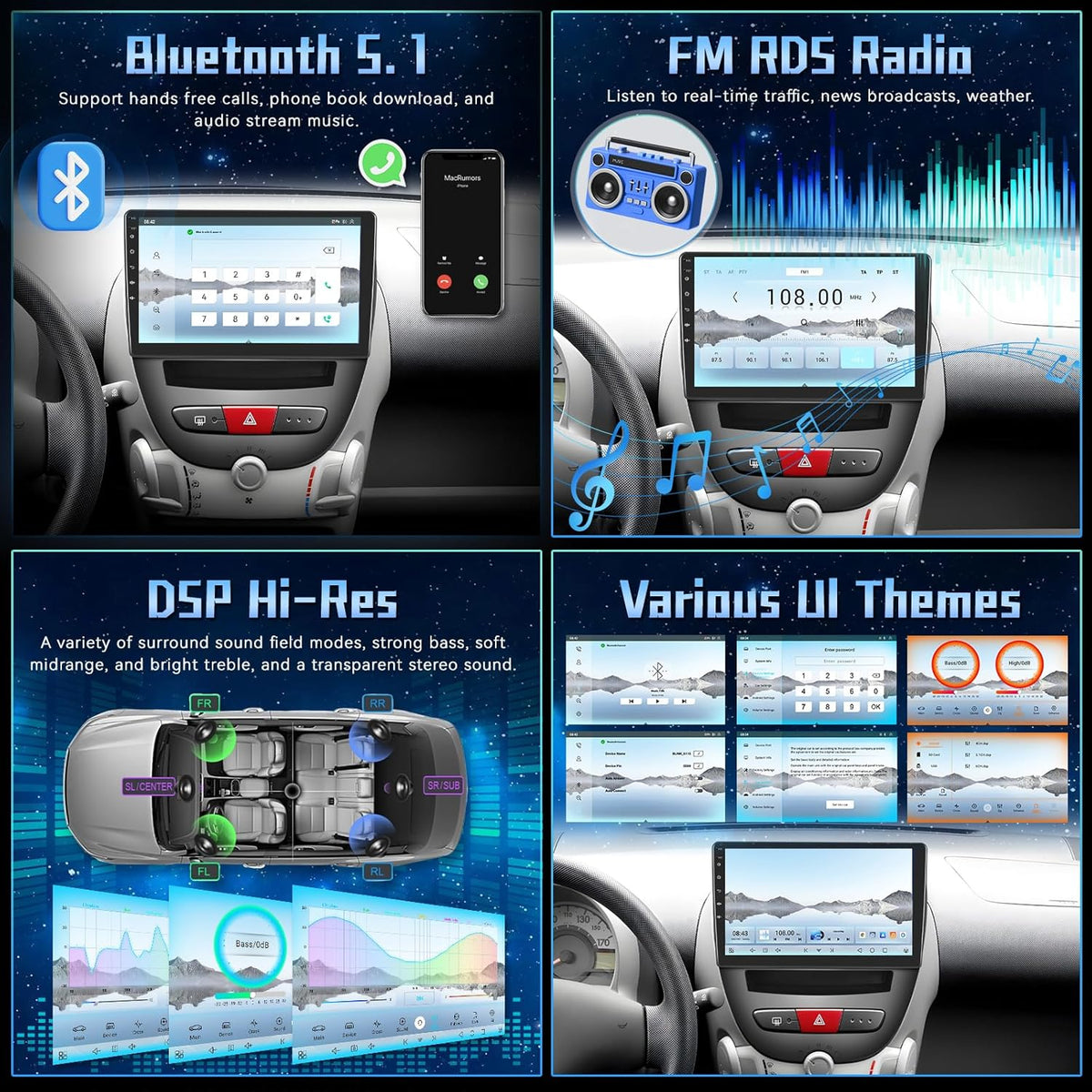 4G+64G 8 Core Qualcomm Car Radio for Toyota Aygo/Peugeot 107/Citroen C1 2004-2014 with Wireless Carplay & Android Auto, 9 Inch Android Car Stereo with WiFi/GPS/Bluetooth 5.1/DPS Hi-Res/FM RDS Radio