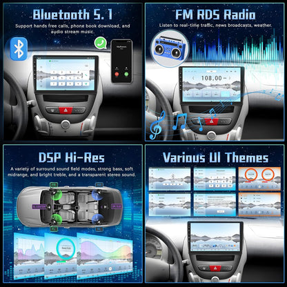 4G+64G 8 Core Qualcomm Car Radio for Toyota Aygo/Peugeot 107/Citroen C1 2004-2014 with Wireless Carplay & Android Auto, 9 Inch Android Car Stereo with WiFi/GPS/Bluetooth 5.1/DPS Hi-Res/FM RDS Radio