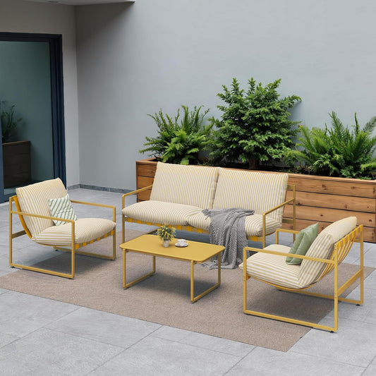 Grand patio Tuinmeubelset 4-delig, outdoor patio gespreksbankset met kussen, moderne metalen bank Loveseat stoelen en salontafel voor veranda achtertuin woonkamer (koolstofgrijs)
