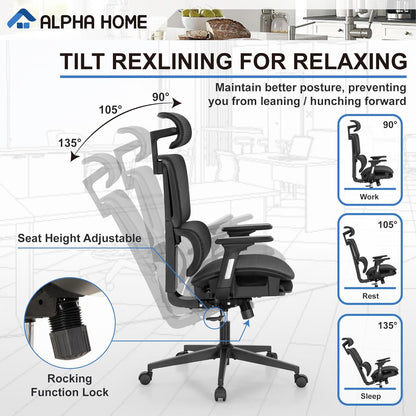ALPHA HOME Office Chair Ergonomic Office Chair with Retractable Footrest High Back Manager Chair Computer Home Office Chair 90-130° Tilt Angle with 3D Armrest, Adjustable Headrest, Lumbar Support