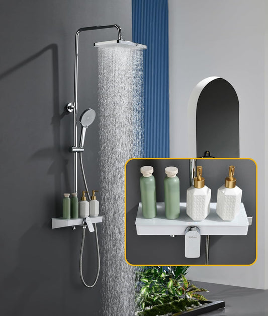 Doucheset Chroom – Douche Systeem – Regendouche – Handdouche – Douchestang – Verstelbare Hoogte – 360° Draaibare Regendouche – Grote Glazen Plank 35x14 cm