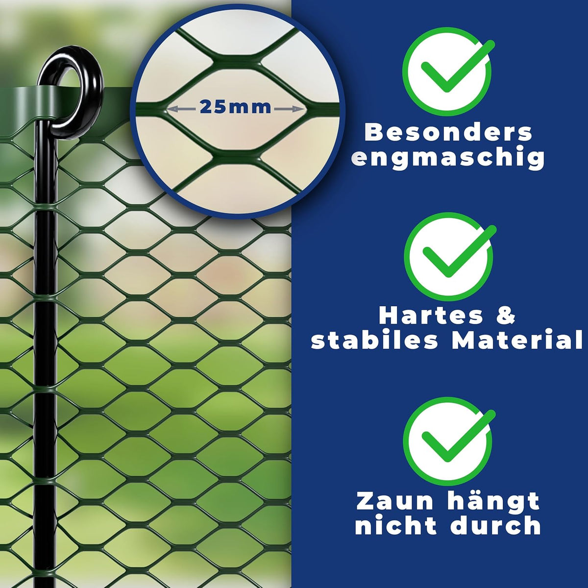 Chicken fence, 120 cm high, 25 m long, the fence for dogs or small animals is particularly tight mesh, stable - no sagging, 20 x fixings, dog fence garden - green