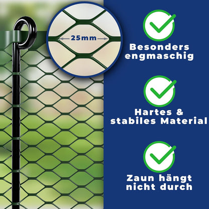 Chicken fence, 120 cm high, 25 m long, the fence for dogs or small animals is particularly tight mesh, stable - no sagging, 20 x fixings, dog fence garden - green