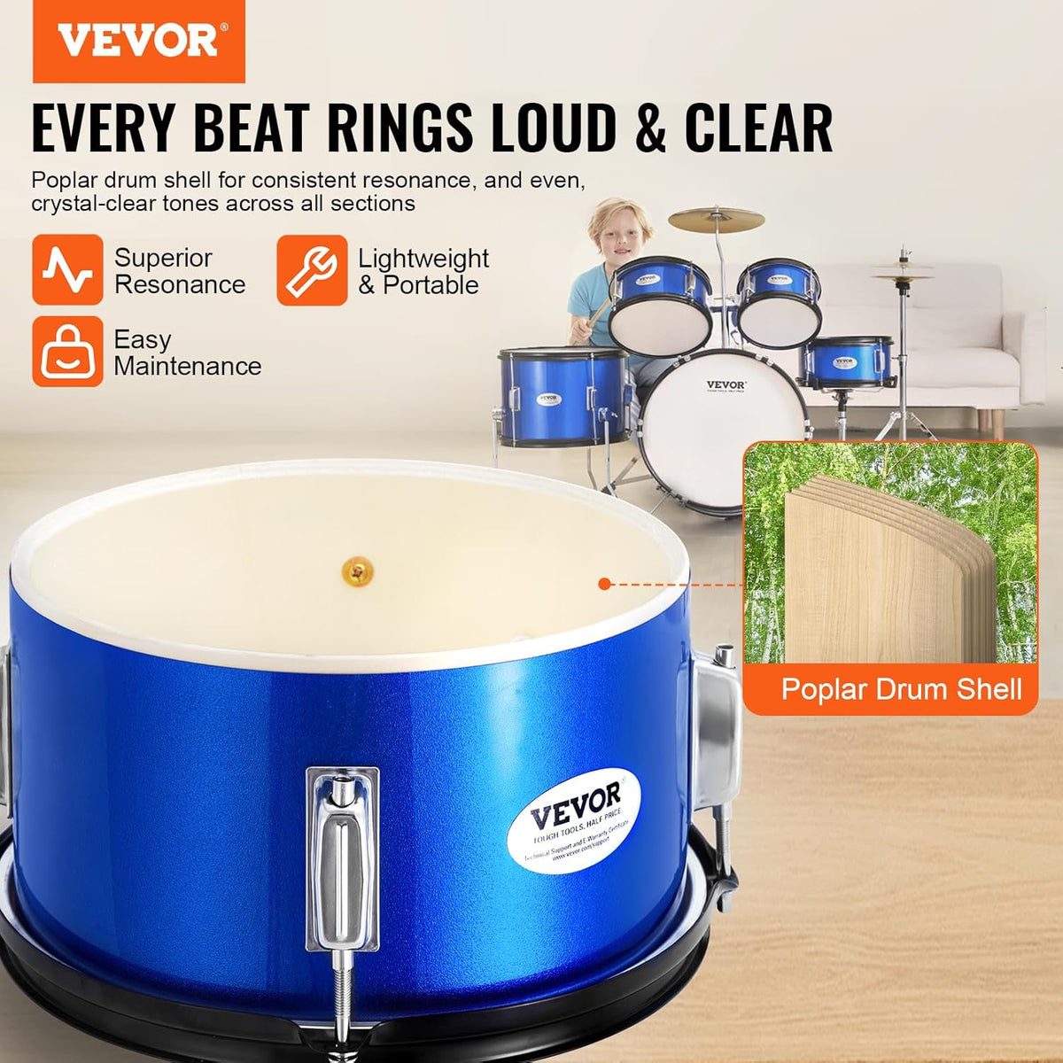 VEVOR 5-delige 40,6 cm Beginner Volledige Set met Bass Toms Snare Floor Verstelbare Troon Bekken Hi-Hat Pedaal en Twee Paar Drumsticks, Starter Drumkit voor Kind Kinderen, Blauw (SH-002-BL)
