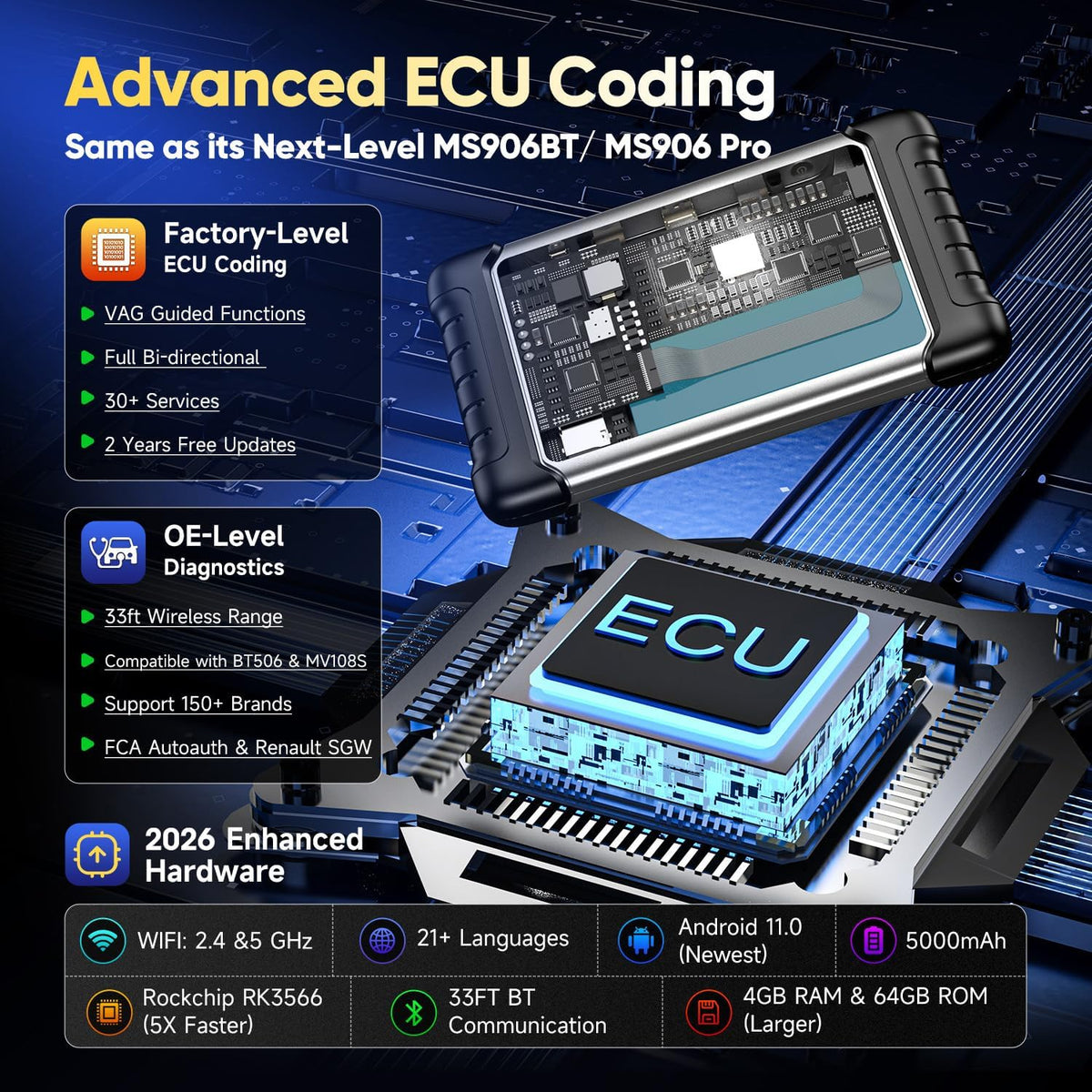 Autel MaxiPRO MP808BT PRO Android 11 [2 Jaar Updates - Waarde €650], 2024 ECU-Codering op Dealerniveau, Upgrade van MS906BT MP808S MP808 MP808BT, Volledig Bidirectioneel, 30+ Service, OE-Diagnostiek