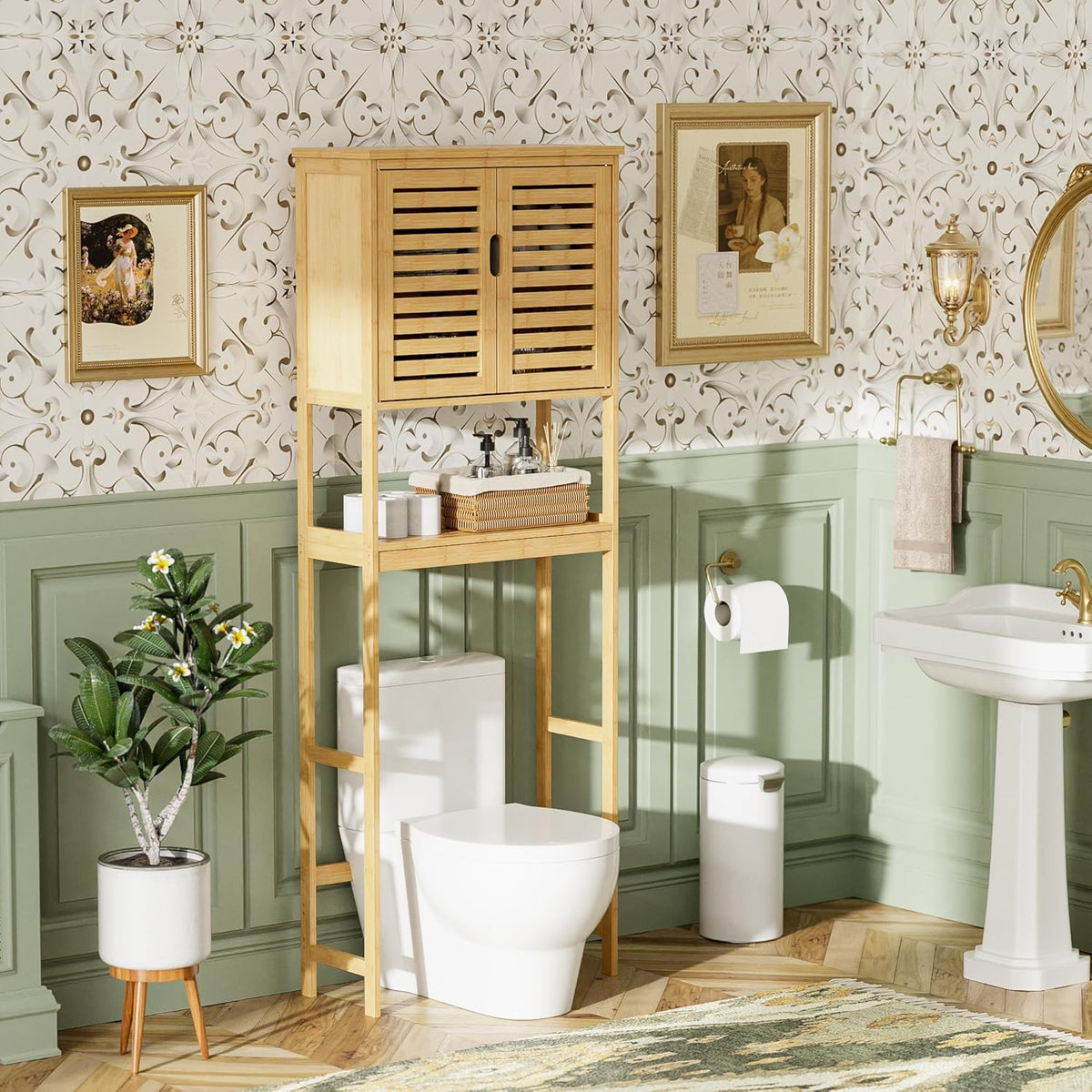 SMIBUY Badkamer boven het toilet opbergkast, 2-deurs bamboe kast organizer, vrijstaand ruimtebesparend toiletrek met verstelbare binnenplank en open plank (natuurlijk)