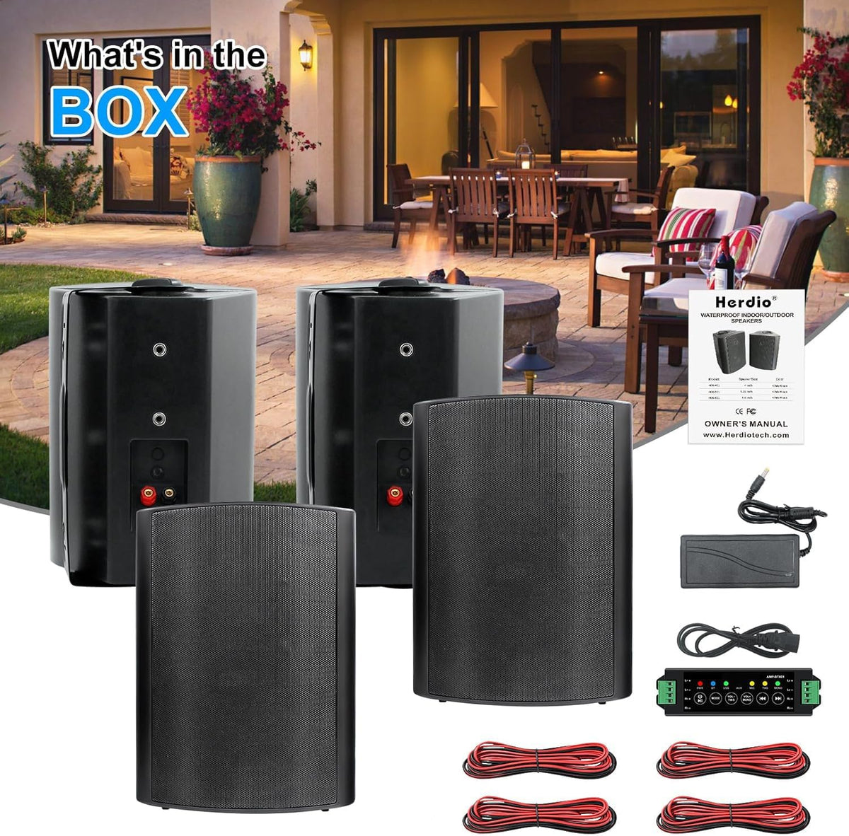 Herdio 6,5 inch Bluetooth buitenluidsprekers – luidspreker 800 W – buitenluidspreker met bron stereo versterkerbox, ideaal voor terras, tuin, veranda (4 zwart)
