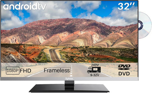 SYLVOX 32 inch smart-tv voor campers, Ingebouwde dvd-speler, Android TV Sat-satellietontvanger, 12 Volt voor camper en vrachtwagen 1080P FHD, ondersteunt wifi Bluetooth, 2 HDMI en 2 USB, frameloos
