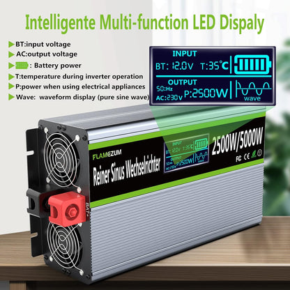 Omvormer 12v naar 230v Zuivere Sinus 2500w Converter Power Inverter Converter met LED-display & EU AC-Stopcontacten & 2 USB-poorten Voor Auto,Caravan,Boot,Camping
