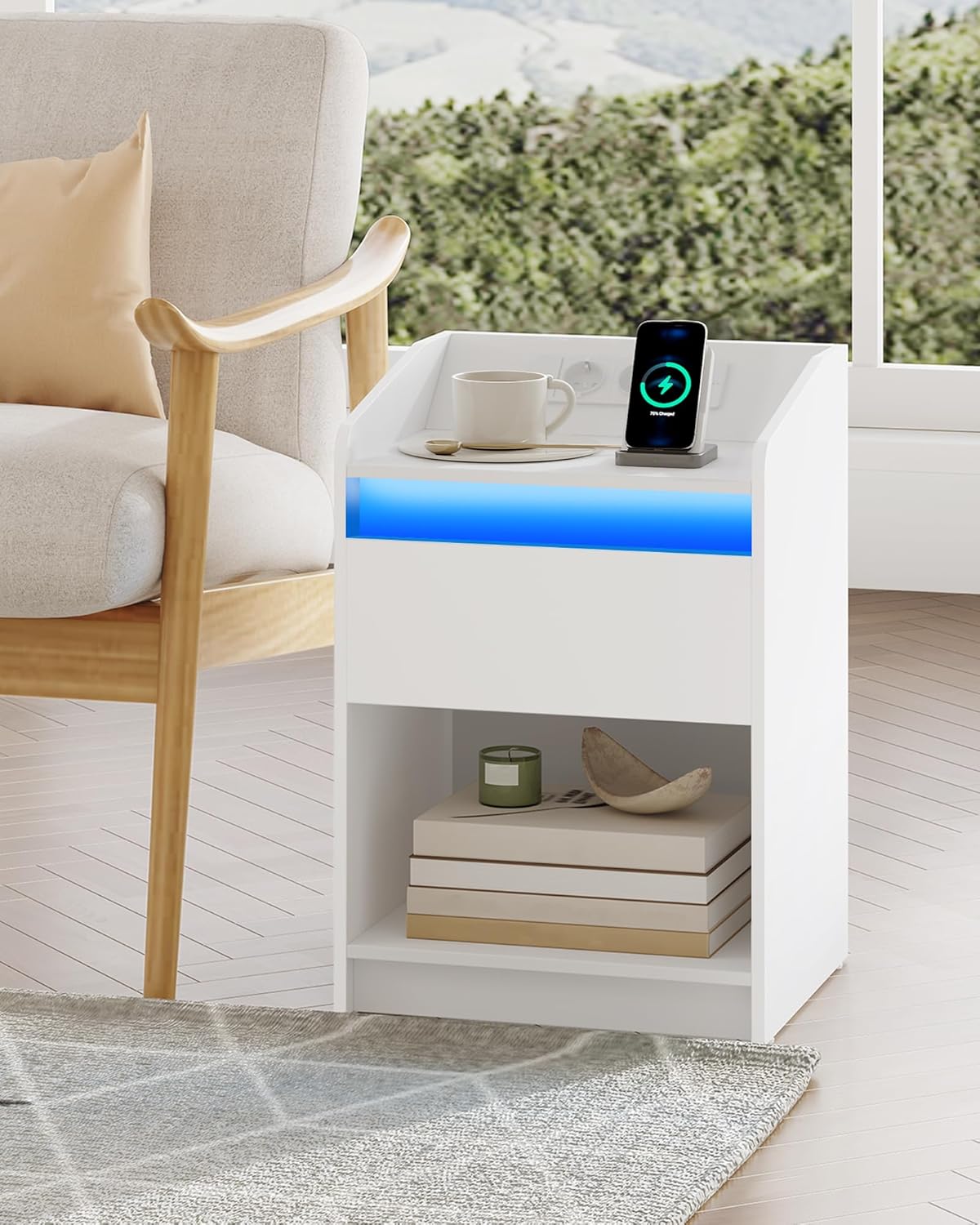 Hzuaneri Bedside Table with LED Light, Side Table with Charging Station, 1 Storage Drawer, Bedside Table for Bedroom, Living Room, 2 USB Ports, 2 Sockets, Set of 2, White NS09003X