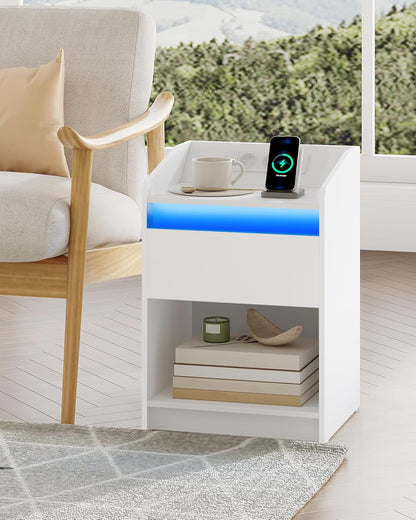 Hzuaneri Bedside Table with LED Light, Side Table with Charging Station, 1 Storage Drawer, Bedside Table for Bedroom, Living Room, 2 USB Ports, 2 Sockets, Set of 2, White NS09003X