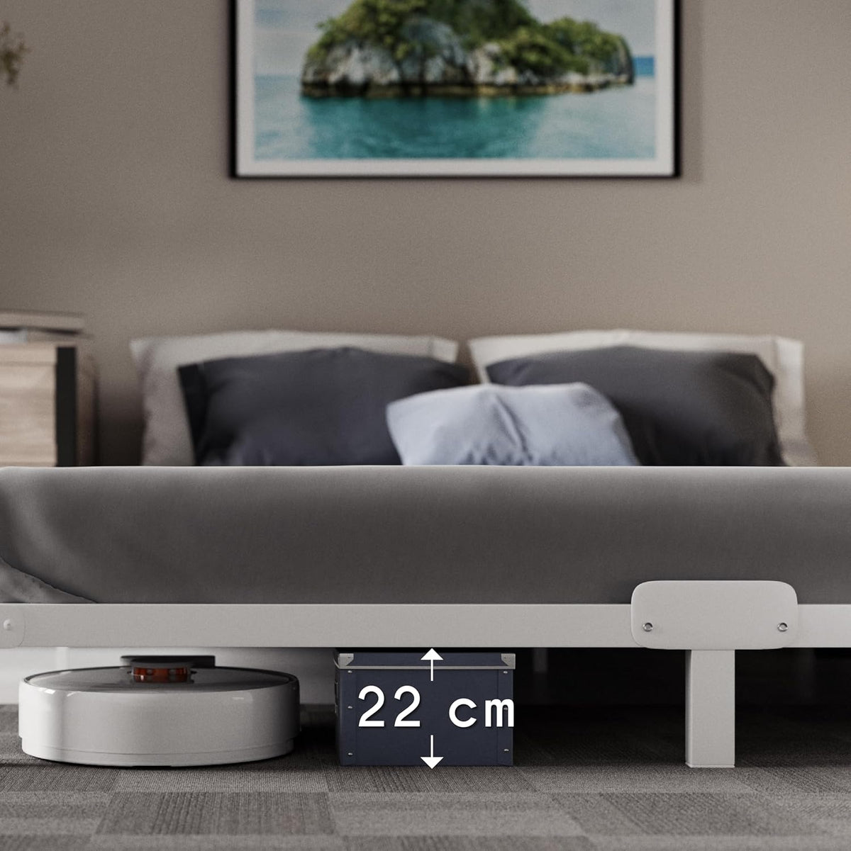 Dreamzie Bedframe 160 x 200 Van Metaal, Bedframe 160 x 200 Voor Matrassen Eenpersoonsbed, Hoogte 25 cm, Robuust, Eenvoudige Montage, Omvangrijke Opbergruimte, Witte Lattenbodem