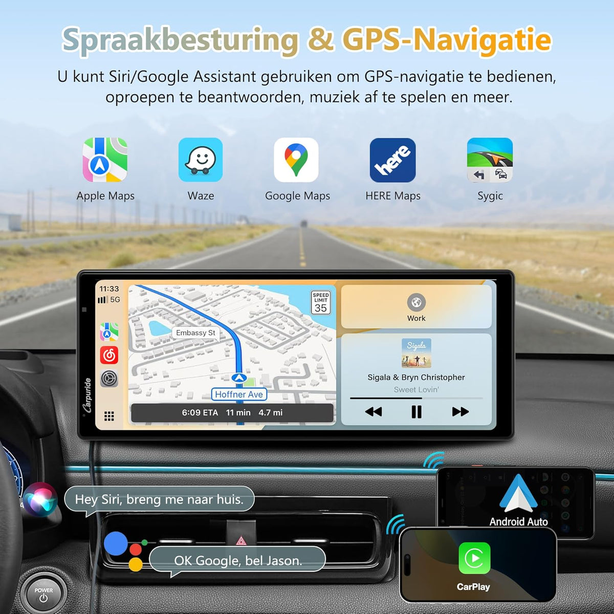 Carpuride W903S Draagbare Draadloze CarPlay & Android Auto met Dash Cam - HD IPS-Scherm, 4K-Frontcamera + 1080P-Achtercamera + 1080P-Infraroodcamera, Loop-Opname, Bluetooth, GPS, Siri, Muziek